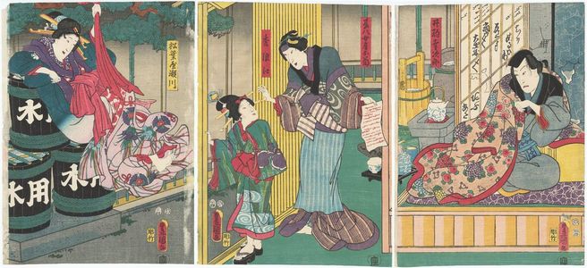 歌川国貞: Actors Kataoka Gadô II as Ikoma Kôjirô (R), Ichikawa Dannosuke V as Jinpachi's Wife (Nyôbô) Okiku and Sawamura Yujirô I as the Kamuro Namie (C), and Iwai Kumesaburô III as Matsubaya Segawa (L) - ボストン美術館