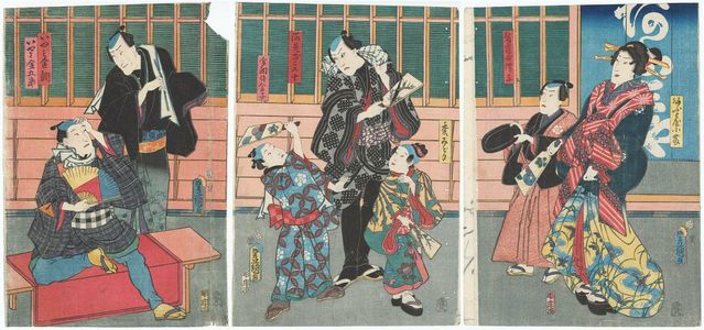 Utagawa Kunisada: Actors Onoe Kikugorô IV as Ômiya Kofuji, Seki Hanasuke IV as Maizuruya Denzô (R), Ichimura Takematsu III as Kamuro Midori, Kawarazaki Gonjûrô I as Ebizako no Jû, Ichimura Uzaemon XIII as Kinchô's Son (Segare) Kinko (C), ... - Museum of Fine Arts