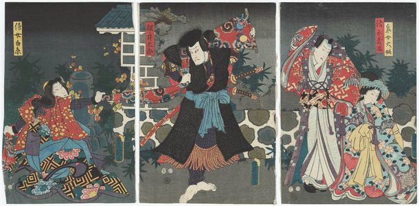 歌川国貞: Actors Iwai Kumesaburô III(?) as the Daughter (Sokujo) Ôhime, Nakamura Fukusuke I as Shimizu Yoshitaka (R), Ichikawa Danzô VI as Nenoi Tarô (C), and Onoe Kikujirô II as Jijo Shiraito (L) - ボストン美術館