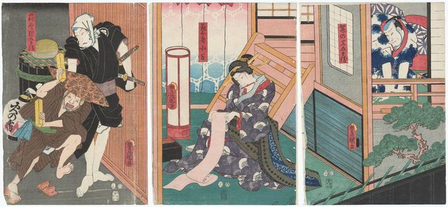 Utagawa Kunisada: Actors Seki Sanjûrô III as Sasa no Sangobei (R), Iwai Kumesaburô III as Geisha Koman (C), and Kataoka Gadô II as Satsuma Gengobei (L) - Museum of Fine Arts