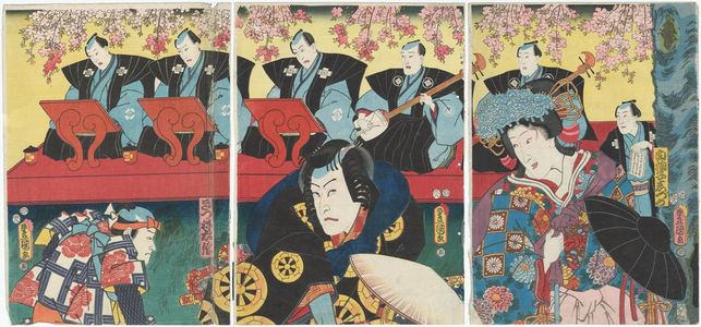 Utagawa Kunisada: Actors Onoe Kikugorô IV as the Shirabyôshi Dancer Shizuka (R) and Ichikawa Kodanji IV as Fox (Kitsune) Tadanobu (C), with an unidentified actor (L) and musicians - Museum of Fine Arts