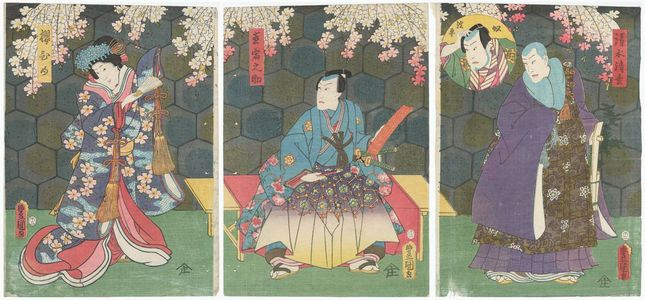 Utagawa Kunisada: Actors Ichikawa Kodanji IV as Kiyomizu Seigen, Ichikawa Yonejûrô II as Yakko Yodohei (inset) (R), Kawarazaki Gonjûrô I as Tonoinosuke (C), and Onoe Kikugorô IV as Sakura-hime (L) - Museum of Fine Arts