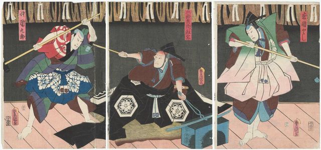 歌川国貞: Actors Kataoka Nizaemon VIII as Rai Kunitoshi (R), Ichikawa Danzô VI as Gorobei Masamune (C), and Onoe Waichi II as His Son (Segare) Dankurô (L) - ボストン美術館