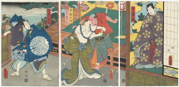 Utagawa Kunisada: Actors Onoe Kikugorô IV as Kanshôjô (R), Bandô Hikosaburô V as Sukune Tarô, Ichikawa Kodanji IV as Kakujuni (C), and Kawarazaki Gonjûrô I as Hangandai Terukuni (L) - Museum of Fine Arts