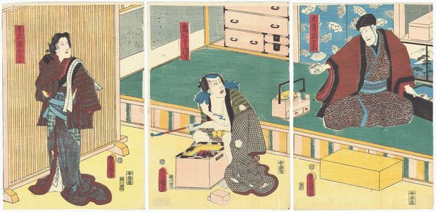 Utagawa Kunisada: Actors Seki Sanjûrô III as Ôdera Shôbei (R), Ichikawa Kodanji IV as Oniazami Seikichi (C), Iwai Kumesaburô III as Izayoi Osayo (L) - Museum of Fine Arts