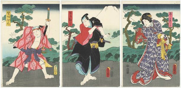 Utagawa Kunisada: Actors Iwai Kumesaburô III as Koshimoto Okaru (R), Kawarazaki Gonjûrô I as Hayano Kanpei (C), and Bandô Muraemon I as Sagisaka Bannai (L) - Museum of Fine Arts