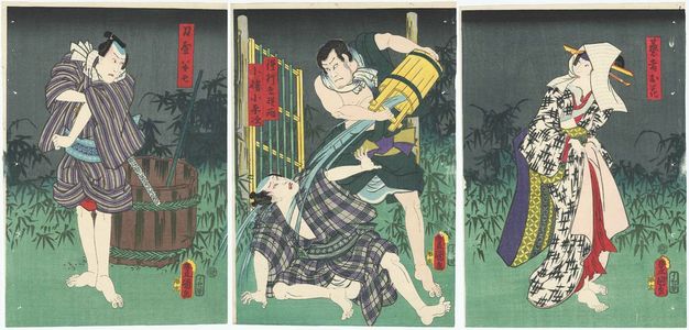 Utagawa Kunisada: Actors Iwai Kumesaburô III as the Geisha Ohana (R), Asao Yoroku II as the Ascetic (Shugyôja) Gensai, Ichikasa Kodanji IV as Kohata Koheiji (C), and Kawarazaki Gonjûrô I as Katanaya Hanshichi (L) - Museum of Fine Arts