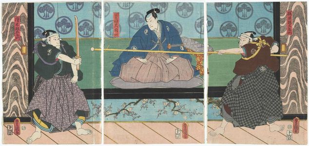Utagawa Kunisada: Actors Nakamura Tsuruzô I as Sakurai Rinzaemon (R), Nakamura Fukusuke I as Honda Dainaiki (C), and Kataoka Nizaemon VIII as Karaki Masaemon (L) - Museum of Fine Arts