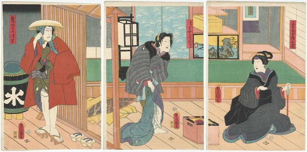 Utagawa Kunisada: Actors Azuma Ichinojô I as Shôbei's Wife (Nyôbô) Ofuji (R), Iwai Kumesaburô III as Seikichi's Wife (Nyôbô) Osayo (C), and Ichikawa Kodanji IV as Oniazami Seikichi (L) - Museum of Fine Arts