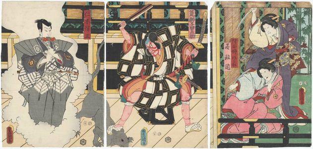 Utagawa Kunisada: Actors Bandô Hikosaburô V as Danjô's Older Sister (Ane) Yashio, Onoe Kikugorô IV as Tsubone Masaoka (R), Kawarazaki Gonjûrô I as Arajishi Otokonosuke (C), and Bandô Hikosaburô V as Nikki Danjô (L) - Museum of Fine Arts