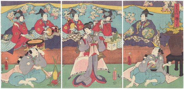 Utagawa Kunisada: Actors Ichikawa Ichizô III, Onoe Waichi I (R), Ichikawa Dannosuke V, Ichikawa Shinsha I, Arashi Hinasuke VII (C), Ichikawa Kuzô III, Nakamura Fukusuke I, and Sawamura Tanosuke III (L) in Gojûsan tsugi, Hinamatsuri - Museum of Fine Arts