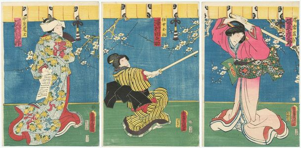 Utagawa Kunisada: Actors Bandô Hikosaburô V as Tsubone Iwafuji (R), Sawamura Tanosuke III as Jijo Ohatsu (C), Sawamura Tosshô II as Chûrô Onoe (L) - Museum of Fine Arts