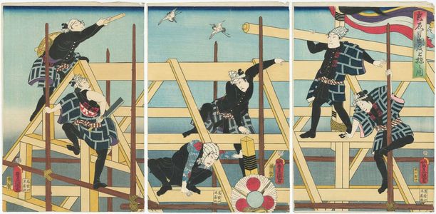 Utagawa Kunisada: Actors as Construction Workers: A Roof-raising Ceremony on an Auspicious Day (Kisshin medetai muneage no zu) - Museum of Fine Arts
