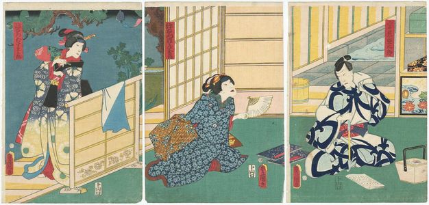 Utagawa Kunisada: Actors Ichikawa Ichizô III as Iwami Jûtarô (R), Ichikawa Shinsha I as Magoemon's Second Wife Otsuru (C), and Sawamura Tanosuke III as Magoemon's Daughter (Musume) Oume (L) - Museum of Fine Arts