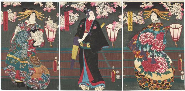 Izumiya Ichibei: Actor Ichikawa Danjûrô VIII as Agemaki no Sukeroku (C), with unidentified actors as Miuraya Agemaki (R) and Miuraya Shiratama (L) - Museum of Fine Arts