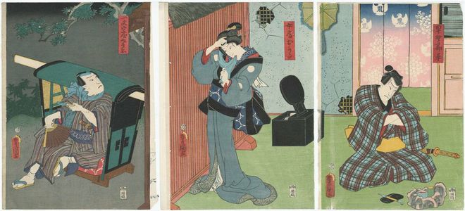 Utagawa Kunisada: Actors Nakamura Fukusuke I as Hayano Kanpei (R), Onoe Kikugorô IV as His Wife (Nyôbô) Okaru (C), and Kataoka Nizaemon VIII as Ichimonjiya Saibei (L) - Museum of Fine Arts