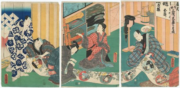 歌川国貞: Actors Kawarazaki Gonjûrô I (R), Sawamura Tanosuke III, Ichimura Uzaemon XIII (C), Arashi Kichiroku I, and Nakamura Shikan IV (L) - ボストン美術館