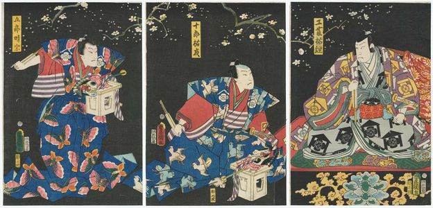 Utagawa Kunisada: Actors Kataoka Nizaemon VIII as Kudô Suketsune (R), Bandô Hikosaburô V as Jûrô Sukenari (C), and Iwai Kumesaburô III as Gorô Tokimune (L) - Museum of Fine Arts