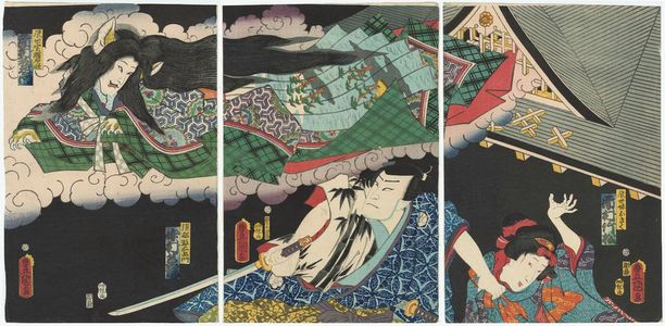 Utagawa Kunisada: Actors Ichimura Takematsu III as Tatsuyo's Younger Sister (Imôto) Okiku (R), Nakamura Shikan VI as Suwa Kazuemon (C), and Ichimura Uzaemon XIII as Tatsuyo, Actually the Monster of the Cat Stone (Nekoishi no kai) (L) - Museum of Fine Arts