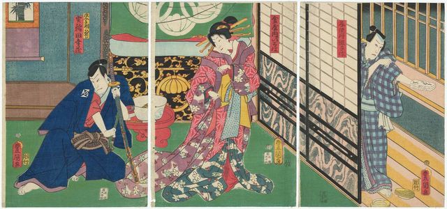 Utagawa Kunisada: Actors Kawarazaki Gonjûrô I as Fumizukai Tanba Yosaku (R), Sawamura Tanosuke III as Iroha of the Kanaya (C), and Nakamura Shikan IV as Rônin Tazuna Komatarô, Actually Inada Kôzô (L) - Museum of Fine Arts