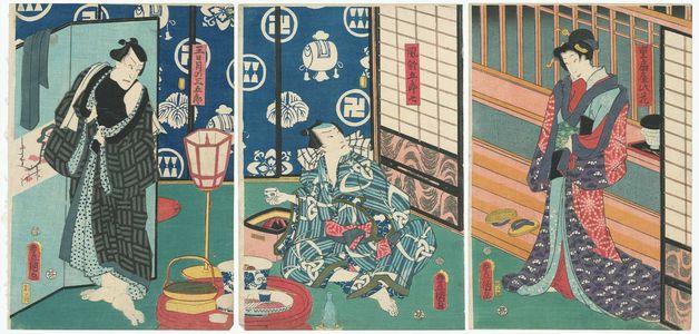 Utagawa Kunisada: Actors Onoe Kikujirô II as Kasaneôgiya Konohana (R), Ichikawa Ichizô III as ... Goroshichi (C), and Ichikawa Kodanji IV as Mikazuki no Sangorô (L) - Museum of Fine Arts
