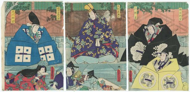 Utagawa Kunisada: Actors Kawarazaki Gonjûrô I as Enya Hangan and Nakamura Shikan IV as Kô no Moronô (R); Bandô Kamezô I as Ashikaga Tadayoshi kô, with Arashi Kichiroku I (C); Ichimura Uzaemon XIII as Momoi Wakasanosuke and Iwai Kumesaburô III as Kaoyo Gozen (L) - Museum of Fine Arts