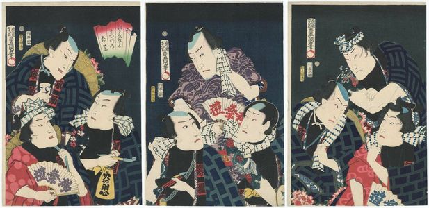 Utagawa Kunisada: Actors Sawamura Tanosuke III, Ichikawa Ichizô III, Bandô Hikosaburô V (R), Ichimura Kakitsu IV, Ichikawa Kodanji IV, Kawarazaki Gonjûrô I (C), Sawamura Tosshô II, Nakamura Shikan IV, Iwai Kumesaburô III (L) Edo ... matsuri no hanagasa - Museum of Fine Arts