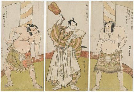 勝川春章: Actors Sakata Hangorô II (Sankyô) as Kujaku Saburô (R), Ichikawa Danjûrô V (Sanshô) as Godai Saburô (C), and Nakamura Sukegorô (Gyoraku) as Midaregami Gunzô (L) - ボストン美術館