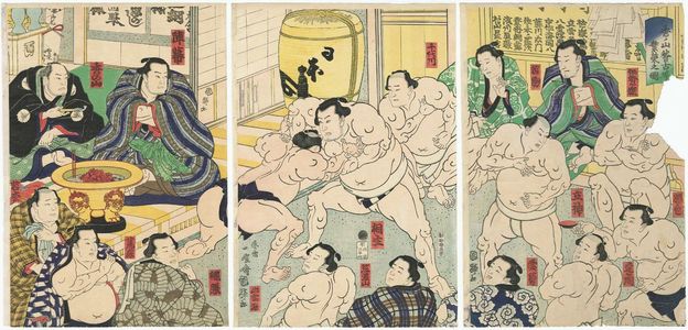 Utagawa Kuniteru: Flourishing Activity at the Practice Ground of Hidenoyama's Stable (Hidenoyama keikoba han'ei no zu) - Museum of Fine Arts