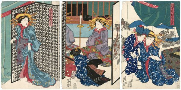 Utagawa Kunisada: Scene of the Temporary Quarters of the New Yoshiwara (Shin Yoshiwara karitaku kôkei), right sheet; Summer, from Amusements of the Four Seasons (Shiki asobi no uchi, natsu), left sheet - Museum of Fine Arts