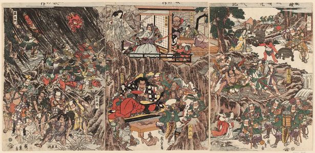 Utagawa Hiroshige: The Life of Minamoto Yorimitsu, a Triptych (Sanmai tsuzuki Minamoto Yorimitsu ichidaiki) - Museum of Fine Arts