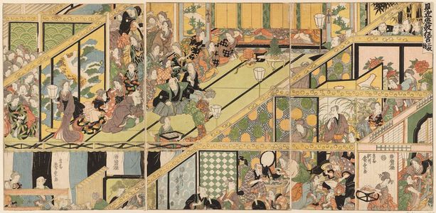 Utagawa Hiroshige: Imaginary Scene of a Private Kabuki Performance, a Triptych (Mitate zashiki kyôgen, sanmaitsuzuki) - Museum of Fine Arts