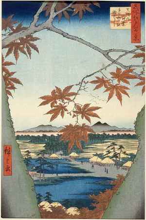 Utagawa Hiroshige: Maple Trees at Mama, Tekona Shrine and Linked Bridge (Mama no momiji Tekona no yashiro Tsugihashi), from the series One Hundred Famous Views of Edo (Meisho Edo hyakkei) - Museum of Fine Arts