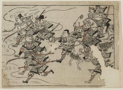Hishikawa Moronobu: A group of two mounted warriors and seven foot soldiers rush to battle - Museum of Fine Arts
