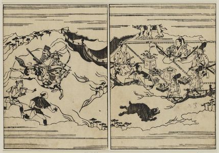 Hishikawa Moronobu: At right, a party of men banqueting within a curtained area; outside, a warrior shooting at a bear. Probably from Soga Monogatari of 1663. - Museum of Fine Arts