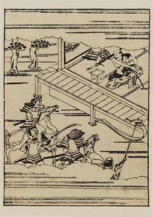 Hishikawa Moronobu: Attempted suicide of Zenjibo (?) as warriors rush up on horseback - Museum of Fine Arts