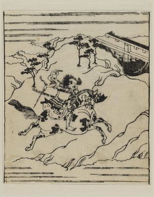 Hishikawa Moronobu: Warrior brandishing sword and riding furiously a spotted horse - Museum of Fine Arts