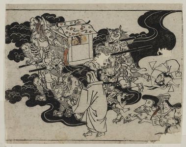 菱川師宣: The Shutendoji story (1). Demons bear off a lady in a palanquin and drag away a man. - ボストン美術館