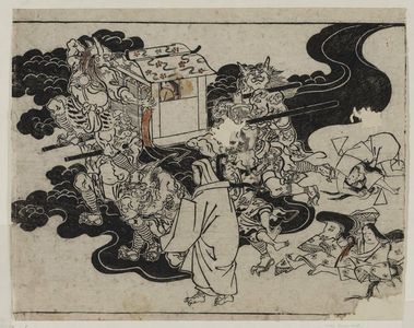 Hishikawa Moronobu, 菱川師宣 (Hishikawa Moronobu)创作的日本版画《The Shutendoji story (1). Demons bear off a lady in a palanquin and drag away a man.》