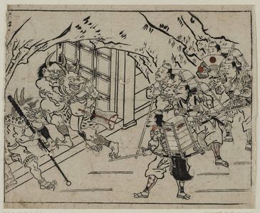 菱川師宣: Raiko and His Retainers at the Entrance to Shutendoji's Cave - ボストン美術館