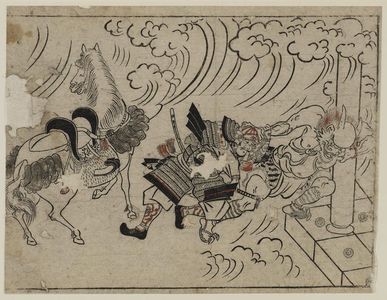 Hishikawa Moronobu: The Rashoman story (1). The demon pulling the helmet of Watanabe no Tsuna at Rashoman - Museum of Fine Arts
