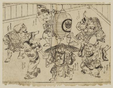 Okumura Masanobu: Gods of Good Luck in a dance around a lantern - Museum of Fine Arts