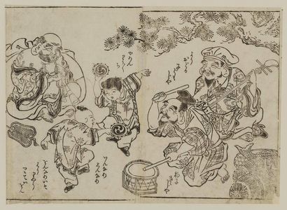 Okumura Masanobu: Hotei, Ebitsu, and Daikoku play music for two dancing boys - Museum of Fine Arts