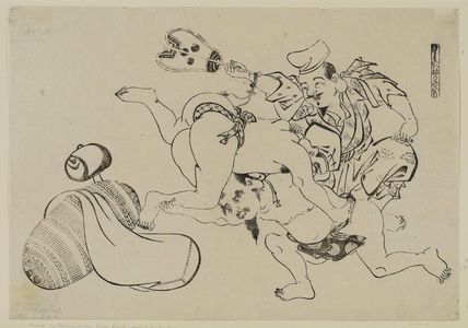 奥村政信: Fukuroku Wins by a Head (Osumai wa Fukuroku no ire-kubi), from an untitled series of the Seven Gods of Good Fortune in the pleasure quarters - ボストン美術館