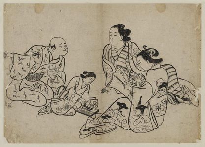 Okumura Masanobu: Two Courtesans, One Writing, and Attendants - Museum of Fine Arts