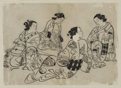 Okumura Masanobu: Two women playing samisen, two others listen - Museum of Fine Arts