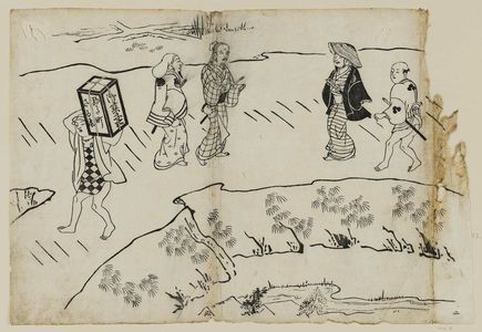 Okumura Masanobu: Walking along the Embankment, from an untitled series of the Seven Gods of Good Fortune in the pleasure quarters - Museum of Fine Arts