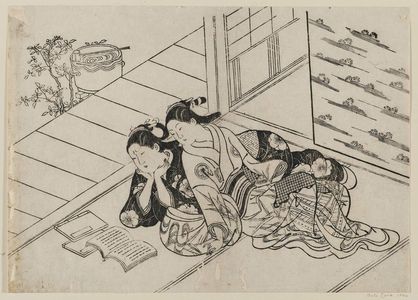 Nishikawa Sukenobu: Two girls on floor reading a book. From the album: Fude no Umi, p.7. - Museum of Fine Arts