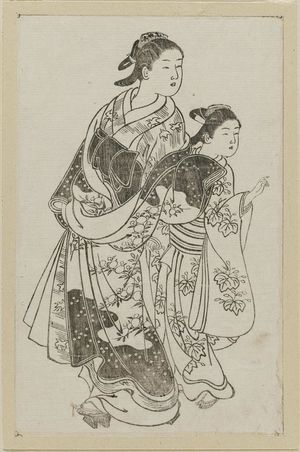 西川祐信: Beauty and kamuro. Ink. From Ehon Asakayama, right side of double page 10 - ボストン美術館
