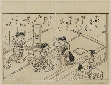 Nishikawa Sukenobu: Girls pounding cloth. Ink; earlier than 20720. From Ehon Masu-kagami, Vol. I 10th double p. - Museum of Fine Arts